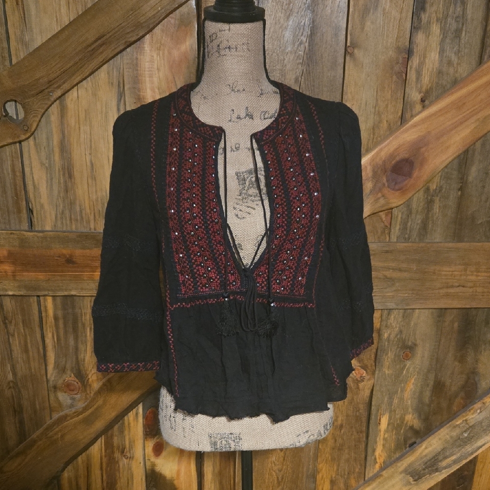 Free People Black Blouse with Red Embroidery